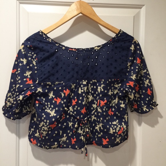 Hollister Crop Top Navy w Bird Print Eyelet Small - Picture 5 of 6